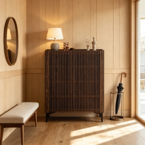 Premium slatted wooden shoe cabinet by WoodBee Craft in a dark walnut finish, featuring vertical wood screen doors and a lamp displayed on top in a bright entryway.