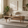 Modern minimalist rectangular wooden coffee table with storage drawer and tapered legs by WoodBee Craft