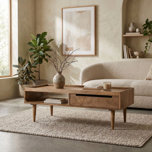 Modern minimalist rectangular wooden coffee table with storage drawer and tapered legs by WoodBee Craft