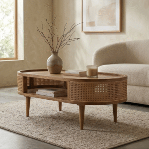 Modern minimalist capsule rattan coffee table with woven mesh side panels and solid wood top by WoodBee Craft
