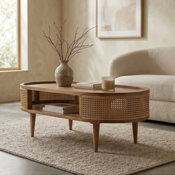Modern minimalist capsule rattan coffee table with woven mesh side panels and solid wood top by WoodBee Craft