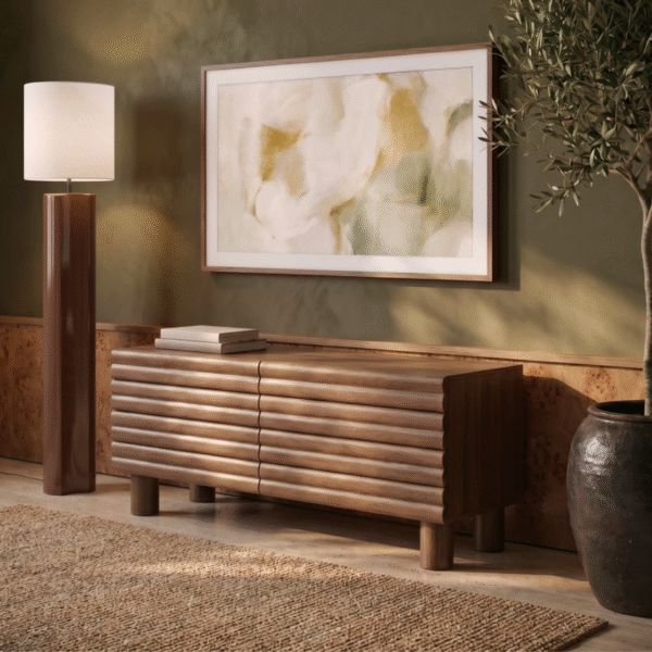 Modern minimalist fluted wood tv stand with horizontal reeded door panels and thick cylindrical feet by WoodBee Craft