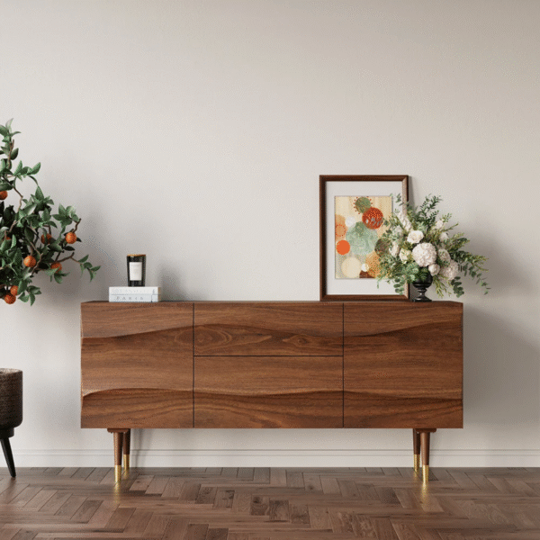 WoodBee Craft "The Ocean Tide" Premium Sculpted Wave Wood Sideboard