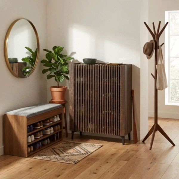 WoodBee Craft Slatted Wooden Shoe Cabinet - Luxury Dark Walnut Entryway Organizer