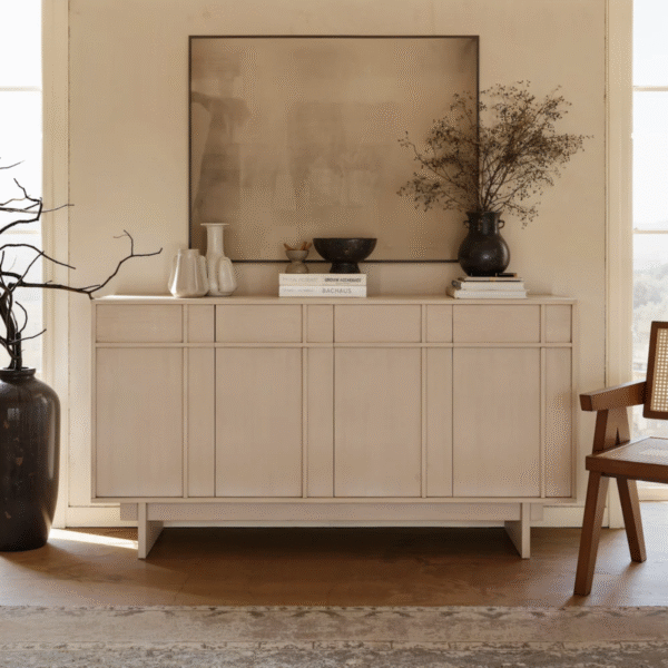 WoodBee Craft "The Serene Grid" Premium Minimalist Washed Wood Sideboard