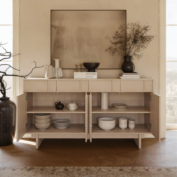 WoodBee Craft "The Serene Grid" Premium Minimalist Washed Wood Sideboard