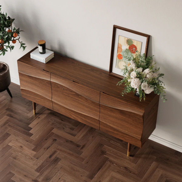 WoodBee Craft "The Ocean Tide" Premium Sculpted Wave Wood Sideboard