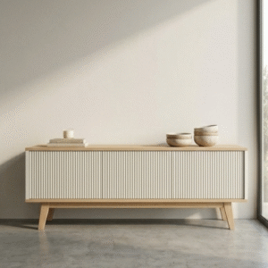 Modern fluted media console with cream white slatted sliding doors and natural wood frame by WoodBee Craft