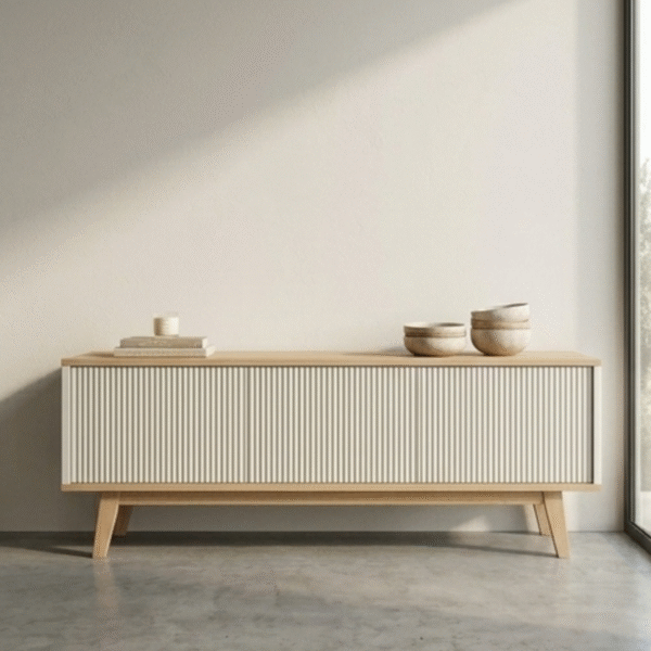 Modern fluted media console with cream white slatted sliding doors and natural wood frame by WoodBee Craft