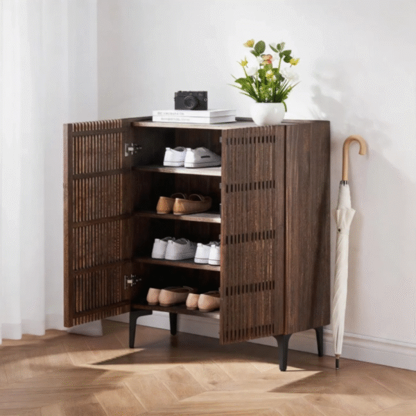 WoodBee Craft Slatted Wooden Shoe Cabinet - Luxury Dark Walnut Entryway Organizer