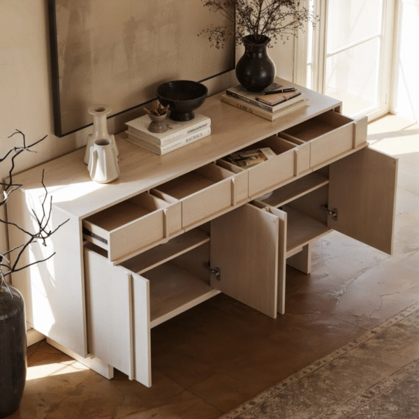 WoodBee Craft "The Serene Grid" Premium Minimalist Washed Wood Sideboard
