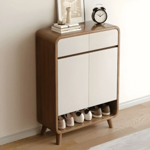 Mid-century modern wooden shoe cabinet with matte white doors by WoodBee Craft