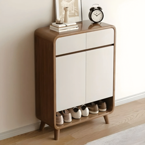 WBC-SR-001 Mid-century modern wooden shoe cabinet with matte white doors by WoodBee Craft