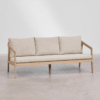 1 Modern minimalist woven rope sofa 3 seater couch with natural wood frame and beige linen cushions by WoodBee Craft