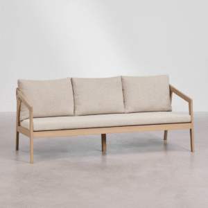 1 Modern minimalist woven rope sofa 3 seater couch with natural wood frame and beige linen cushions by WoodBee Craft
