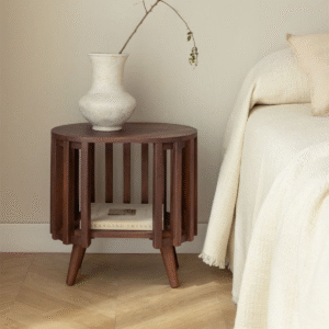 Modern minimalist round slatted bedside table nightstand with deep natural wood frame and tapered legs by WoodBee Craft