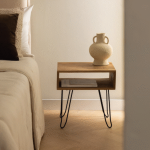 Modern minimalist hairpin leg wooden nightstand bedside table with open storage shelf and solid wood frame by WoodBee Craft