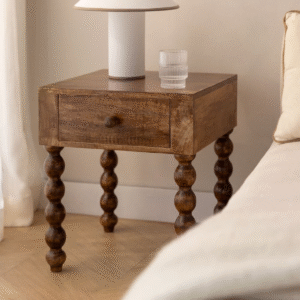 Modern farmhouse bobbin leg wooden nightstand bedside table with single drawer and solid wood frame by WoodBee Craft