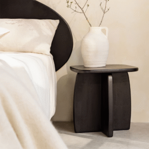 Black minimalist bedside table nightstand with dark charcoal solid wood frame and intersecting panel base by WoodBee Craft