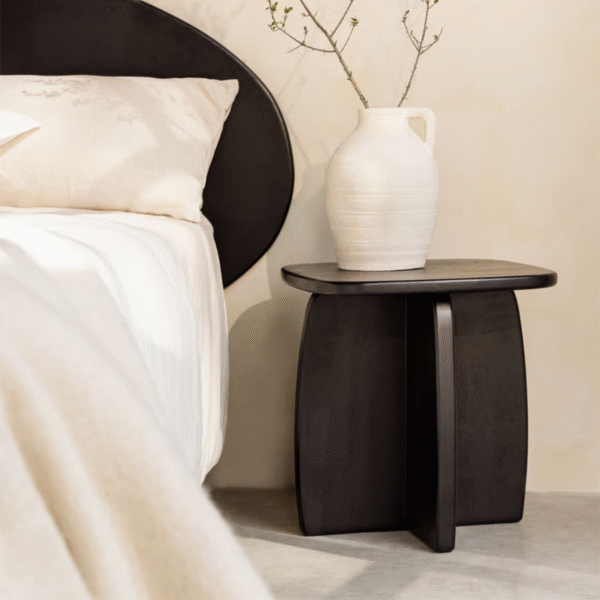 1 Black minimalist bedside table nightstand with dark charcoal solid wood frame and intersecting panel base by WoodBee Craft