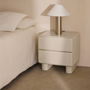 Capsule minimalist bedside table nightstand with soft cream high gloss lacquer finish and thick column legs by WoodBee Craft