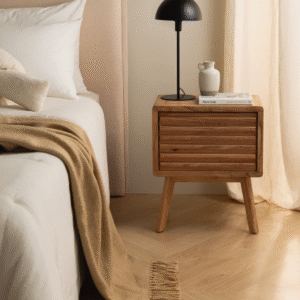 Modern minimalist slatted wood bedside table nightstand with light natural solid wood frame and single drawer by WoodBee Craft