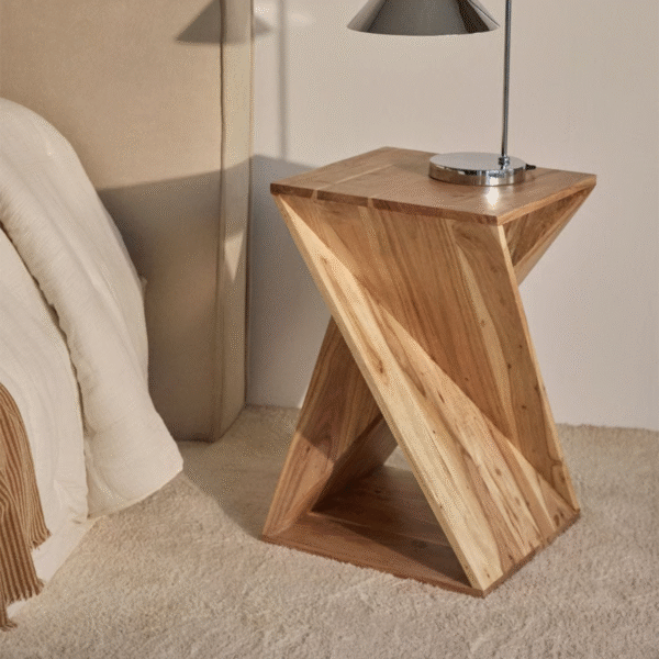 Modern minimalist twisted wood accent table bedside nightstand with natural solid wood grain panels by WoodBee Craft