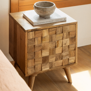 Modern minimalist mosaic wood bedside table nightstand with natural solid wood frame and textured tile drawer by WoodBee Craft