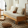 Japandi minimalist pull out sofa bed daybed lounge with light natural wood slatted frame by WoodBee Craft
