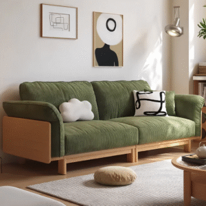 Modern farmhouse convertible wood sleeper sofa cum bed in olive green corduroy upholstery with natural wood frame by WoodBee Craft