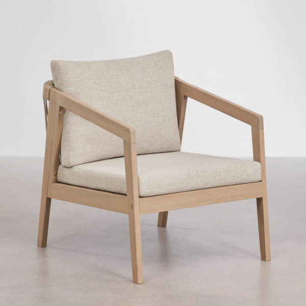 Modern minimalist woven rope armchair sofa chair with natural wood frame and beige linen cushions by WoodBee Craft
