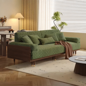 Mid century modern wood sleeper sofa cum bed in moss green textured upholstery with walnut side panels by WoodBee Craft