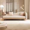 1 Modern minimalist chaise lounge sleeper sofa cum bed with cream upholstery and natural wood frame base by WoodBee Craft