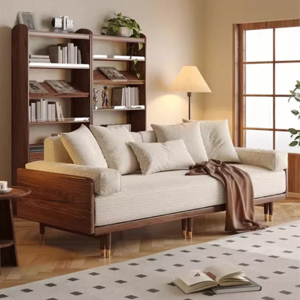 Mid century modern solid wood trundle couch sofa bed with cream waffle cushions and brass capped walnut legs by WoodBee Craft