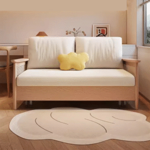 Japandi minimalist fold out wood sleeper sofa cum bed with light cream cushions and woven rattan cane side arms by WoodBee Craft