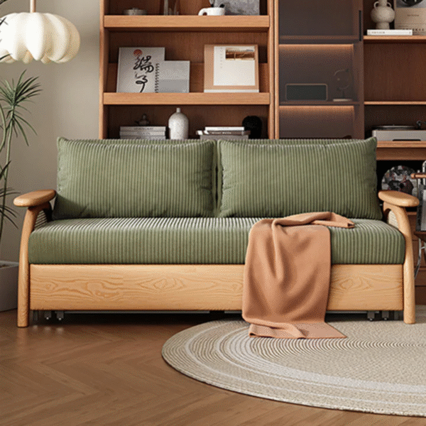 Modern farmhouse rattan pull out sleeper sofa cum bed with olive green corduroy fabric cushions and gas lift storage base by WoodBee Craft