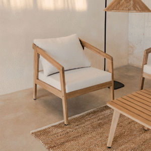 1 Contemporary minimalist wood armchair sofa chair with natural timber frame and plush white cushion by WoodBee Craft