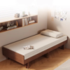 Japandi minimalist telescoping wood sofa bed convertible couch in cream upholstery with walnut finish solid frame by WoodBee Craft