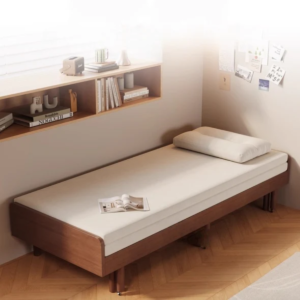 Japandi minimalist telescoping wood sofa bed convertible couch in cream upholstery with walnut finish solid frame by WoodBee Craft