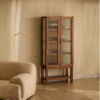1 Modern farmhouse frosted glass display cabinet bookshelf center unit with natural wood finish and elevated base shelf by WoodBee Craft