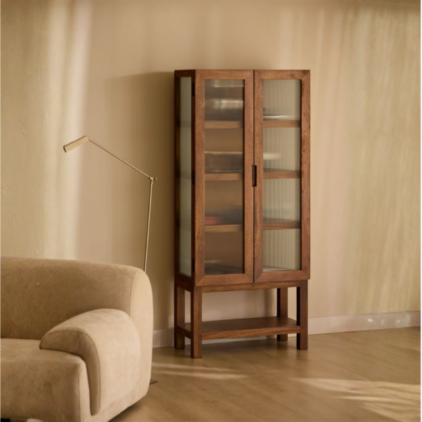 1 Modern farmhouse frosted glass display cabinet bookshelf center unit with natural wood finish and elevated base shelf by WoodBee Craft