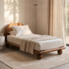 1 Modern minimalist low profile single wood bed frame with curved arch headboard and oversized round ball feet by WoodBee Craft