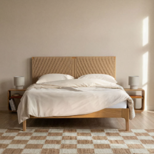 1 Scandi minimalist woven cord headboard bed frame with light oak timber base and tapered legs by WoodBee Craft