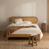 1 Japandi minimalist rattan cane platform bed frame with light natural oak finish and tapered legs by WoodBee Craft