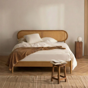 1 Japandi minimalist rattan cane platform bed frame with light natural oak finish and tapered legs by WoodBee Craft