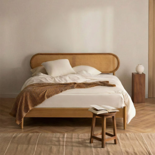 1 Japandi minimalist rattan cane platform bed frame with light natural oak finish and tapered legs by WoodBee Craft
