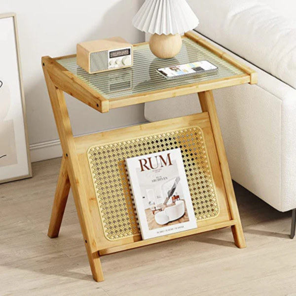 1 Modern minimalist fluted glass side table with z shaped brown wood frame and rattan magazine rack by WoodBee Craft