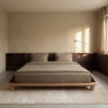 1 Japandi style low profile wooden platform bed frame with light oak finish and cylindrical dowel legs by WoodBee Craft
