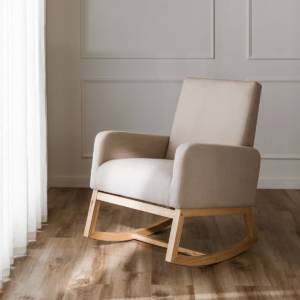 Modern minimalist upholstered rocking chair with light natural timber wooden base and beige fabric upholstery by WoodBee Craft
