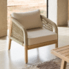 1 Luxury woven rope accent chair sofa armchair with natural solid wood frame and cream cushions by WoodBee Craft